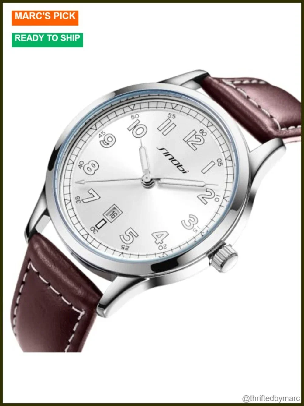 Classic Quartz Dress Watch with Arabic Numerals Date Calendar Leather Strap